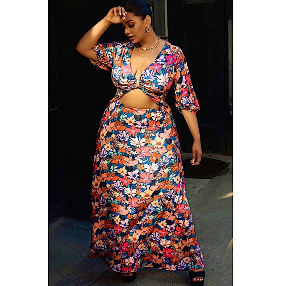 REBDOLLS Scarlette Floral Print Knotted Front Cut Out Maxi A-Line Dress: 3X